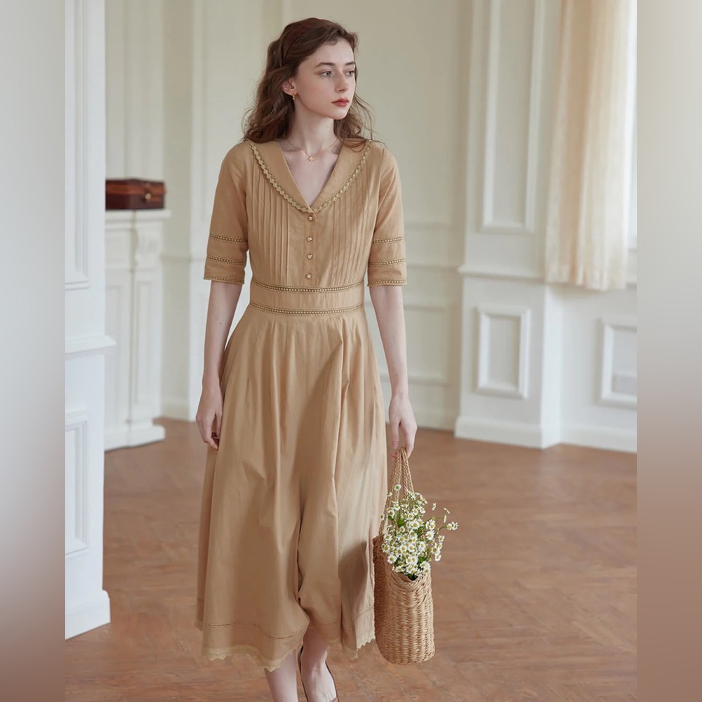 Simple Retro | Fiona Cotton Khaki Midi Dress Size Medium